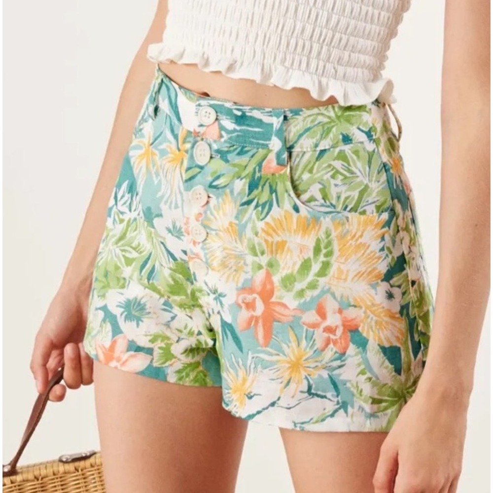 Reformation Newport Linen Shorts Womens 12 Floral Coastal Tropical Leef Boho EUC